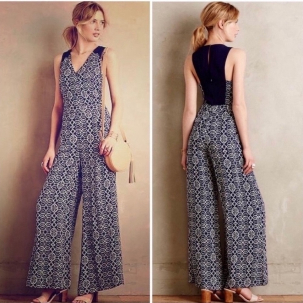 Anthropologie Navy and White Patterned Jumpsuit